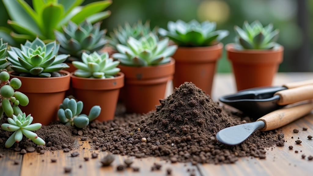 A beginner succulent kit with pots, soil, tools, and various small succulents neatly arranged