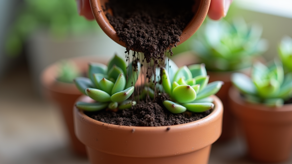 Close-up of potting soil being poured around succulent roots in a small ceramic planter
